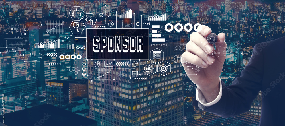 Sponsor theme with businessman in a city at night