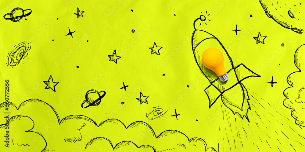 Idea light bulb rocket flying to the sky - Flat lay