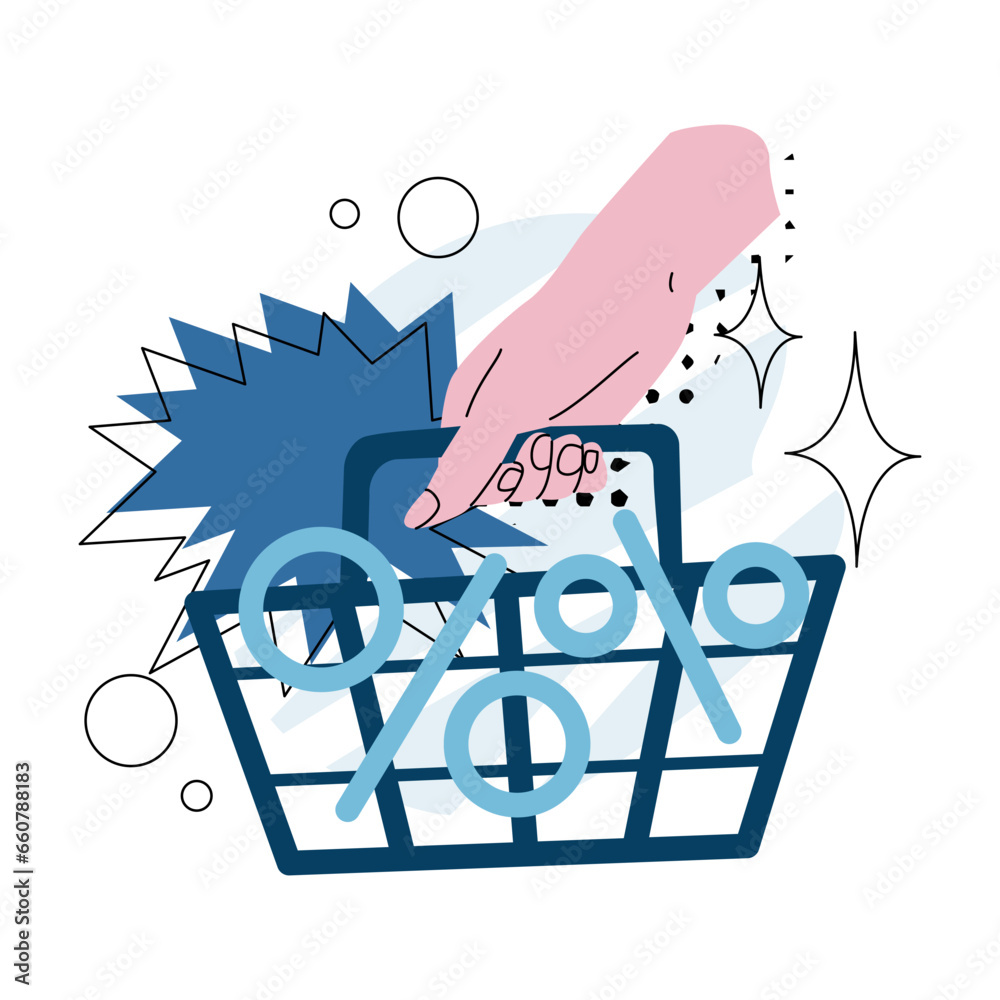 A hand shakes a basket with percent signs inside. Announcement of final sale, big discounts on goods. Coupon design for a store. Vector illustration in cartoon style isolated on white background.