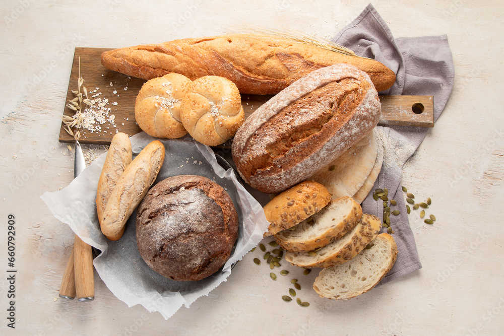 Freshly baked delicious bread, healthy eating concept.