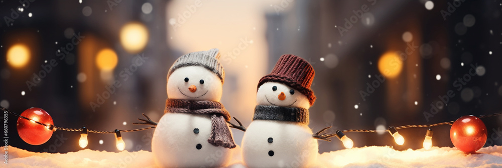 Happy cute snowmen with scarf and hat in an old town