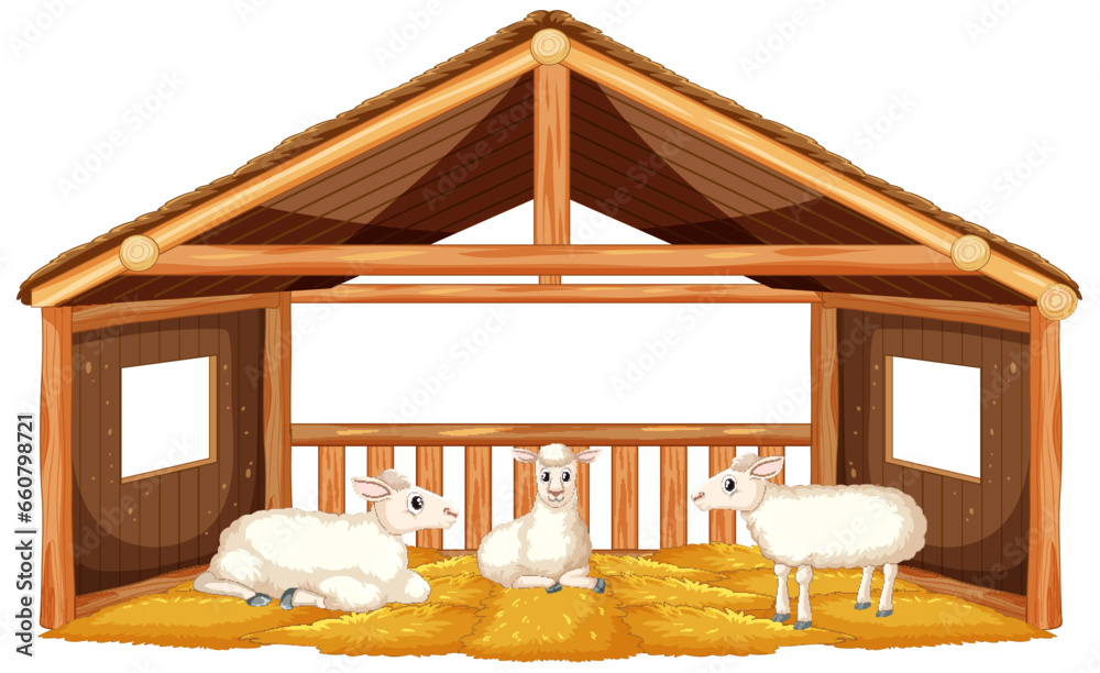 Sheeps in Stable: A Vector Cartoon Illustration