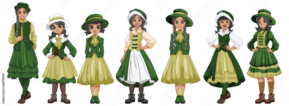 Vintage Women in Green Dresses: A Vector Illustration