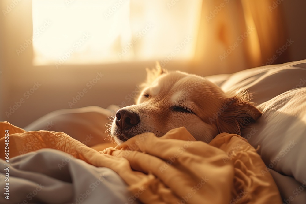 pet portrait, happy dog lay down on comfort soft and warm bed, Generative Ai