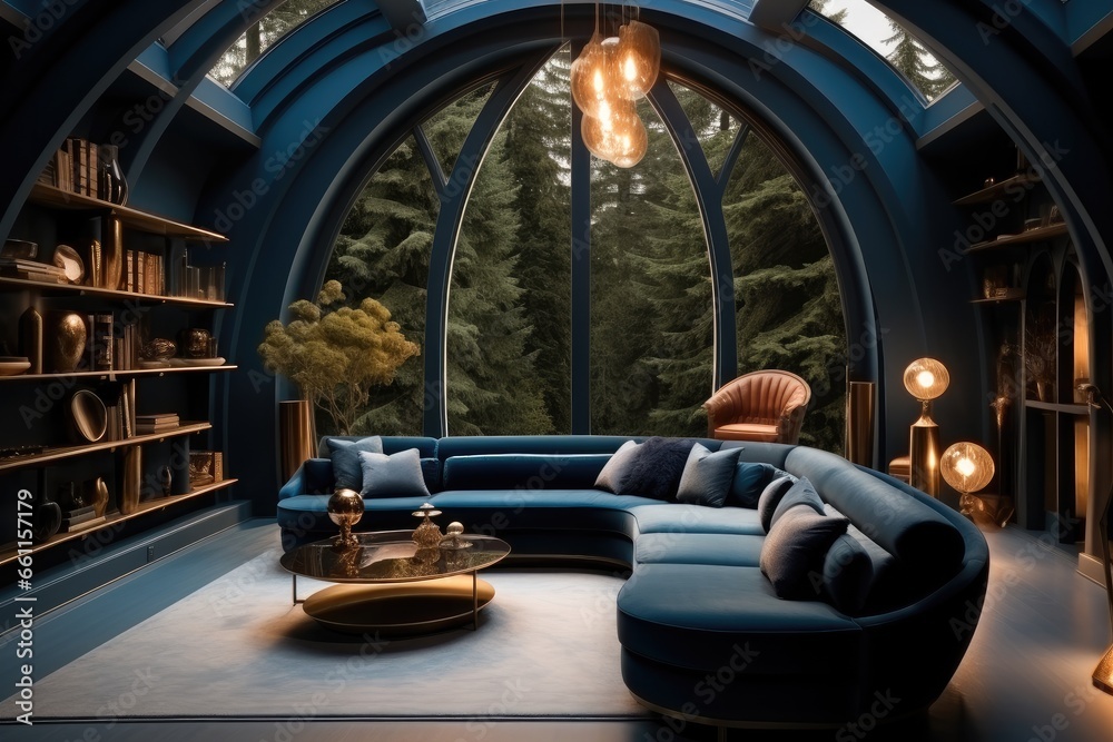 Deep blue living room in a round room.