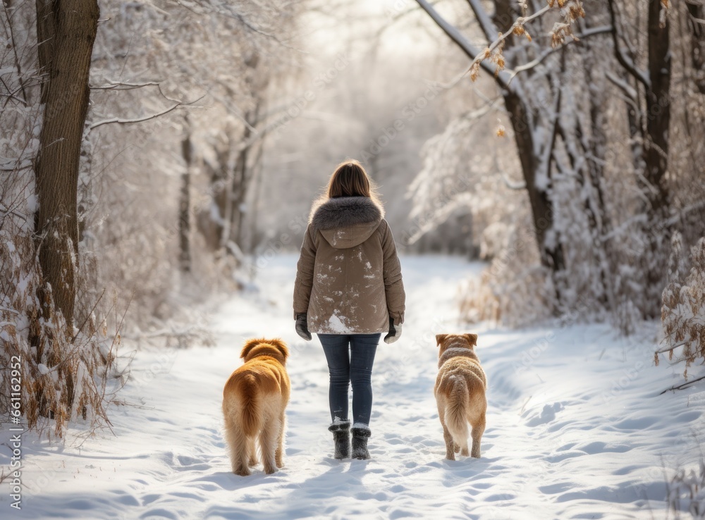 person walking her dog in a woods in snow