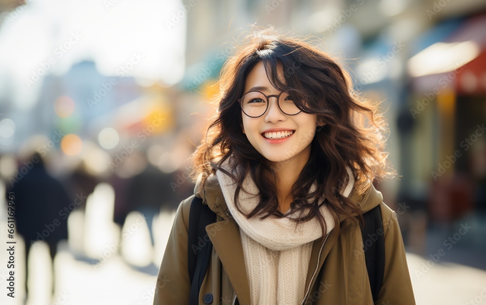 asian woman in the city walking smiling in the city