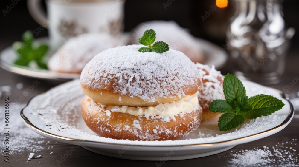 Sufganiyot with powdered sugar on white plate