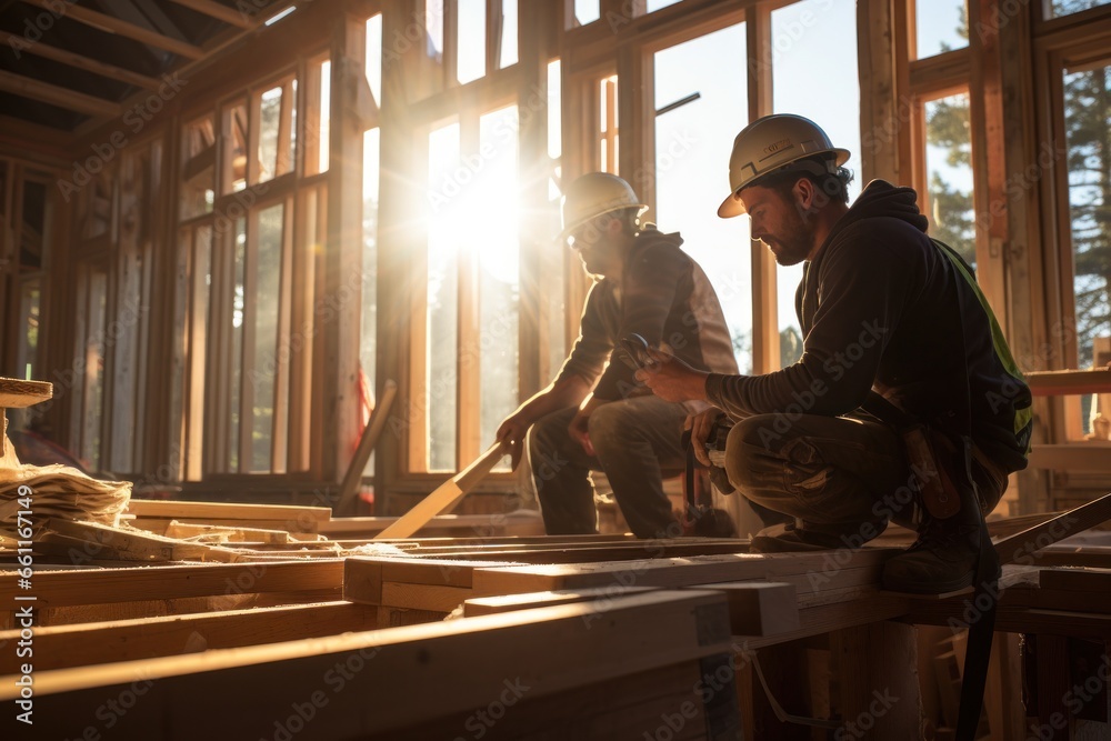 two construction workers working on a building