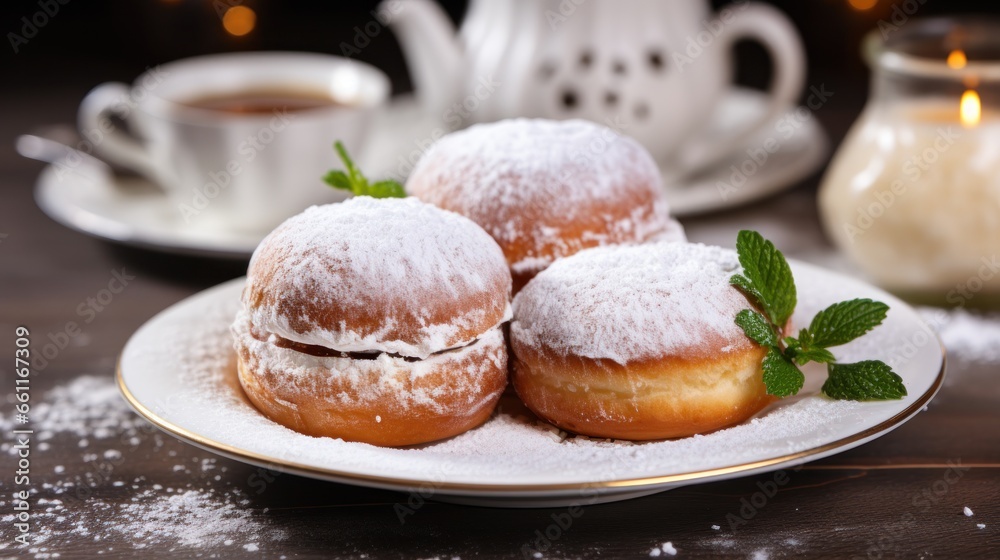 Sufganiyot with powdered sugar on white plate