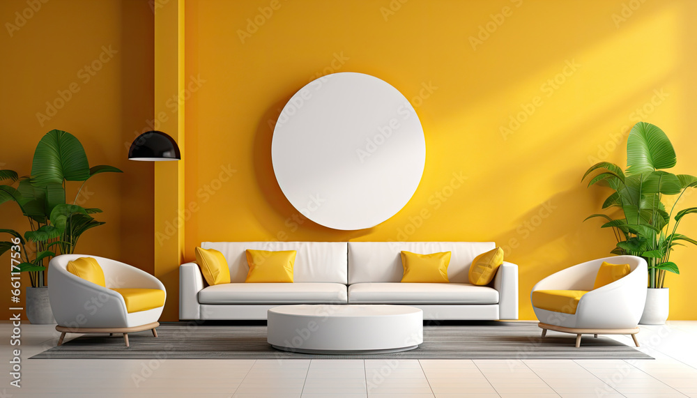 Furniture in the living room in the minimalist modern style light yellow and white color.