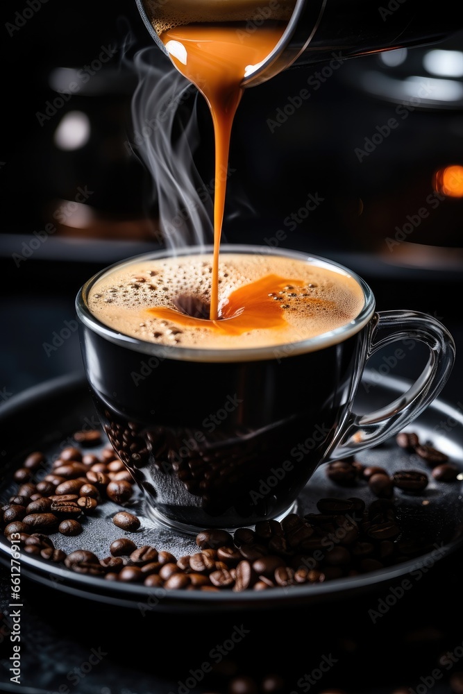 Close-up of espresso pouring from a coffee machine. Lifestyle concept suitable for drinks and rest.