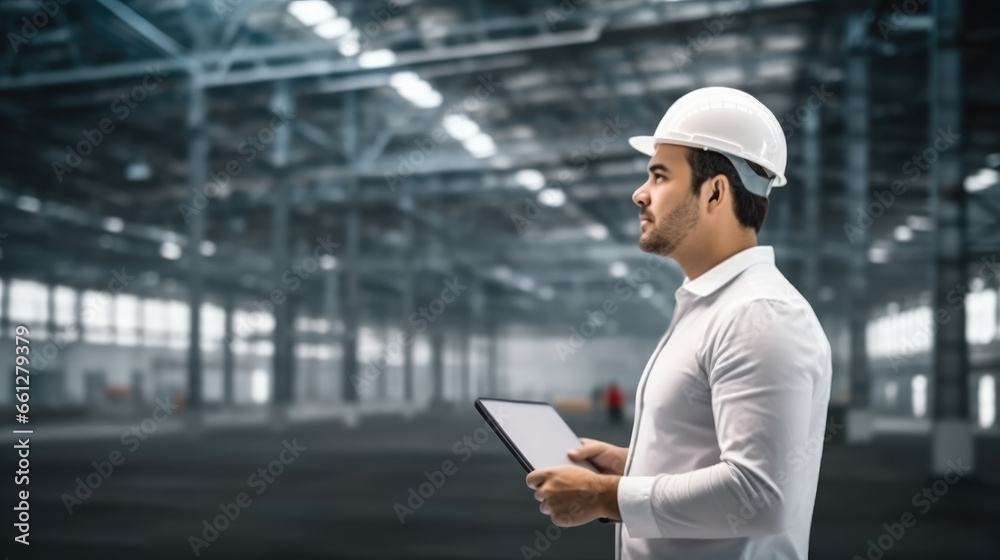 Logistics supervisor doing merchandise inventory in empty warehouse, Warehouse industry concept.