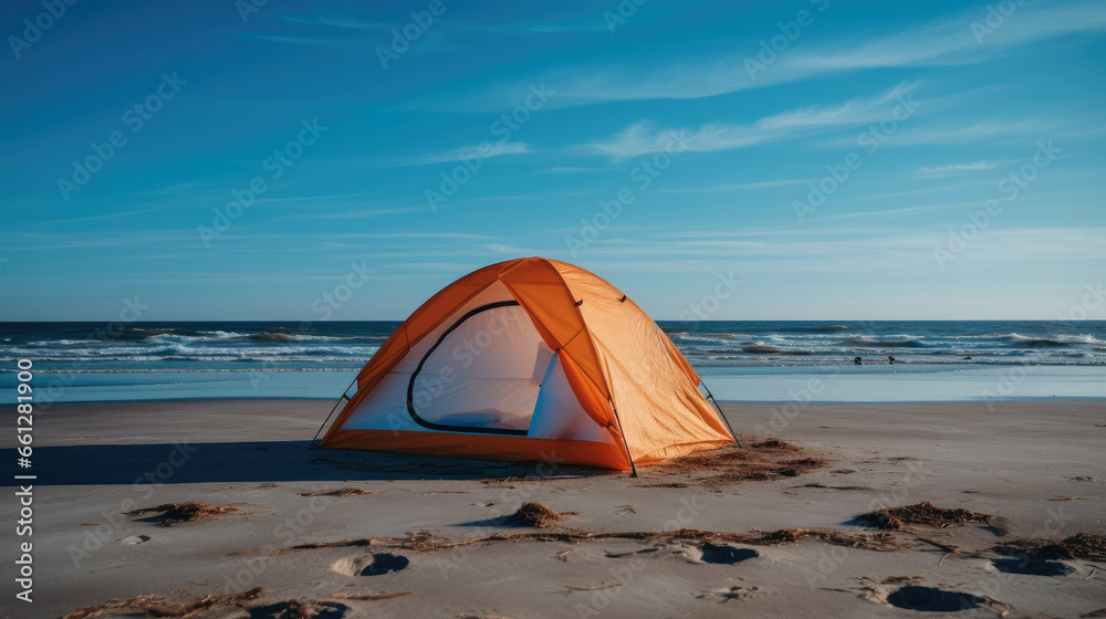 Tent for tourists to rest on the beach by sea.