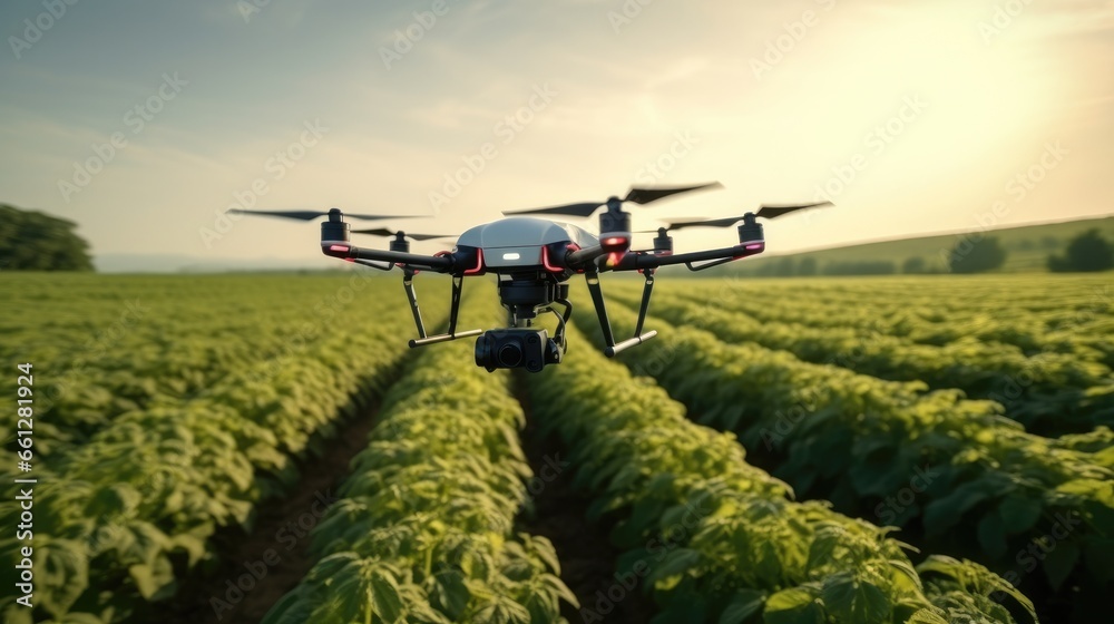 Utility drone flying above a corn field, The use of drones in agriculture.