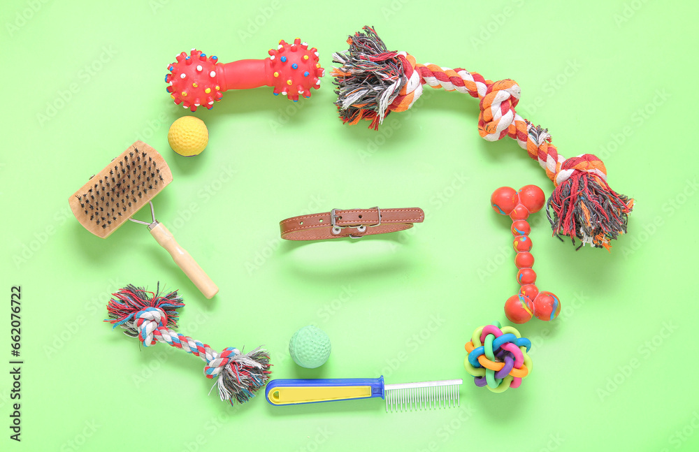 Composition with pet care accessories and toys on green background