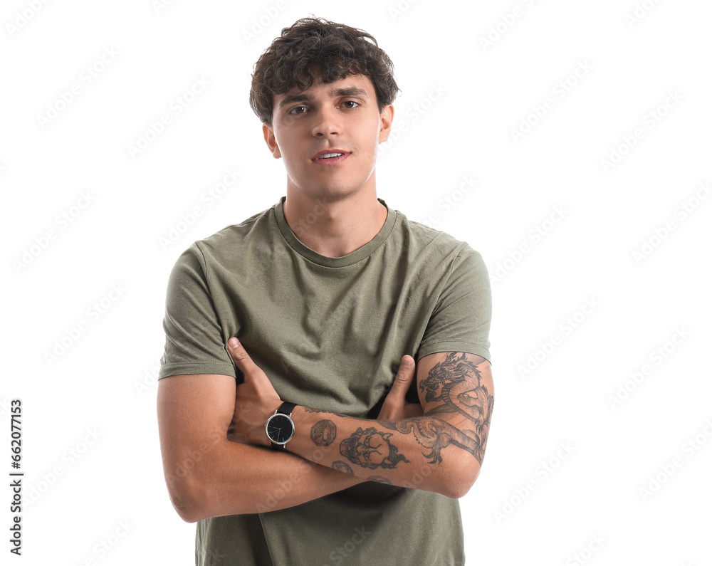 Portrait of handsome young man with crossed arms isolated on white background