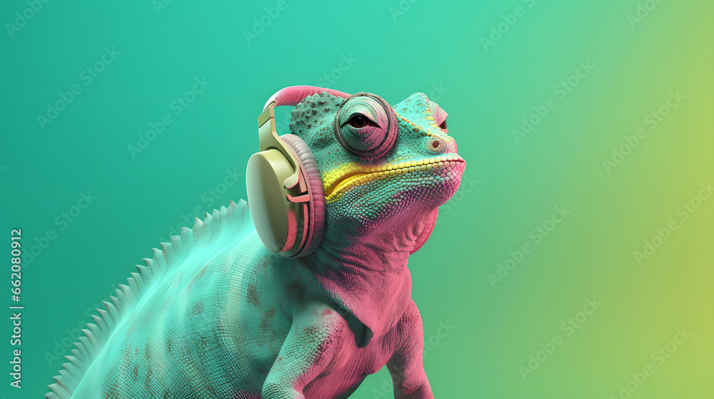 funny Chameleon wearing earphone