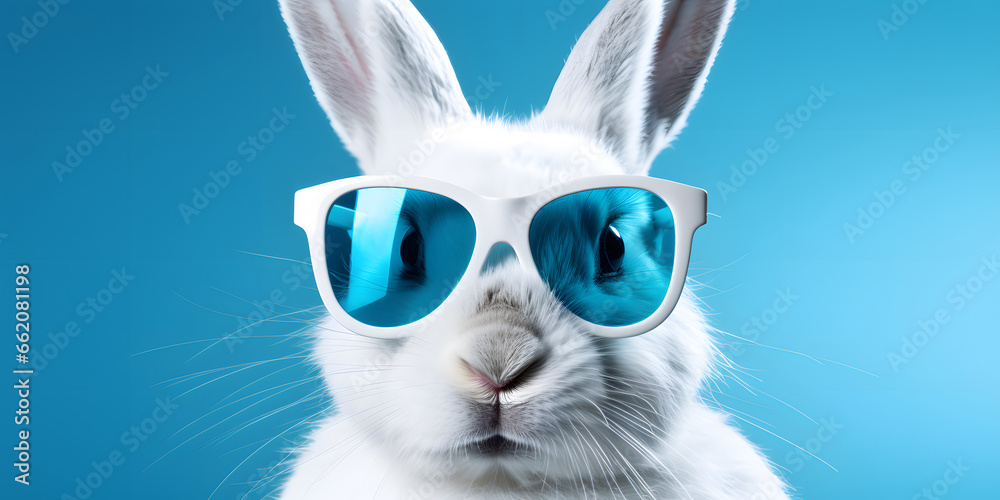 white rabbit wearing sunglasses on blue background