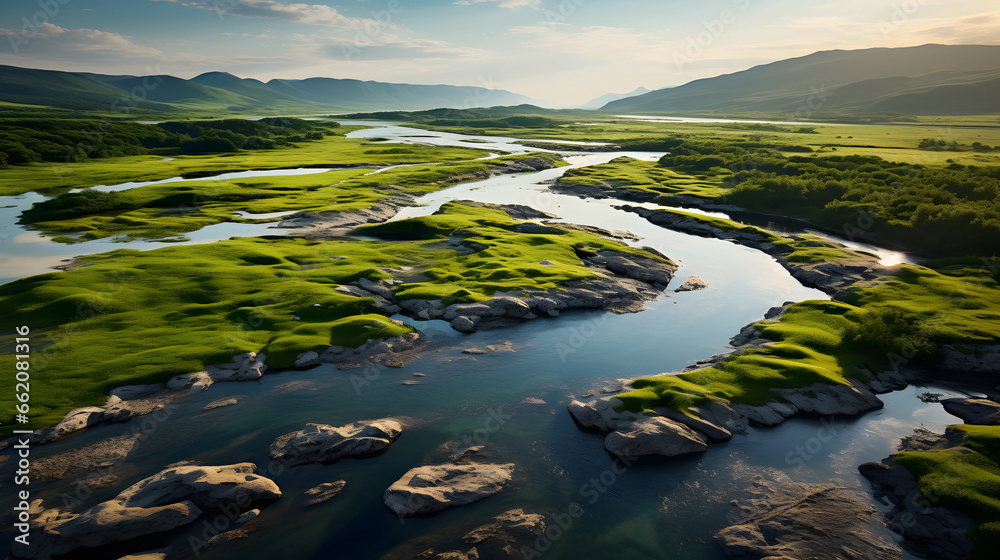 Aerial view of a river delta with lush green vegetation and winding waterways.