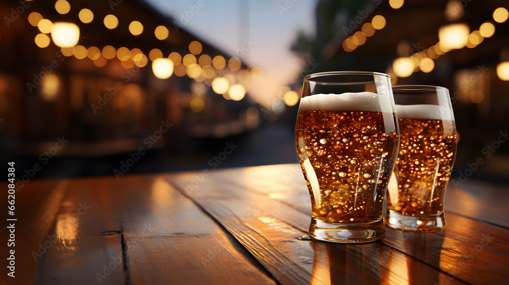 fresh beer on a wooden table with empty space