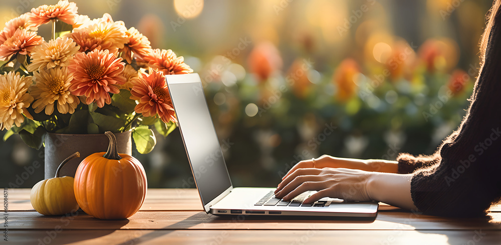 young woman hand using laptop in autumn day on the park, using laptop computer while spending sunny day