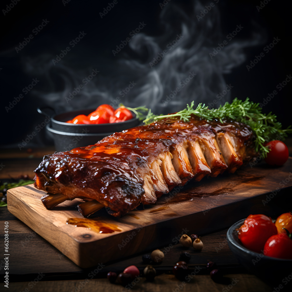 delicious ribs pork bbq with smoke, Barbecue grilled pork ribs served on wooden board. Traditional American cuisine dish