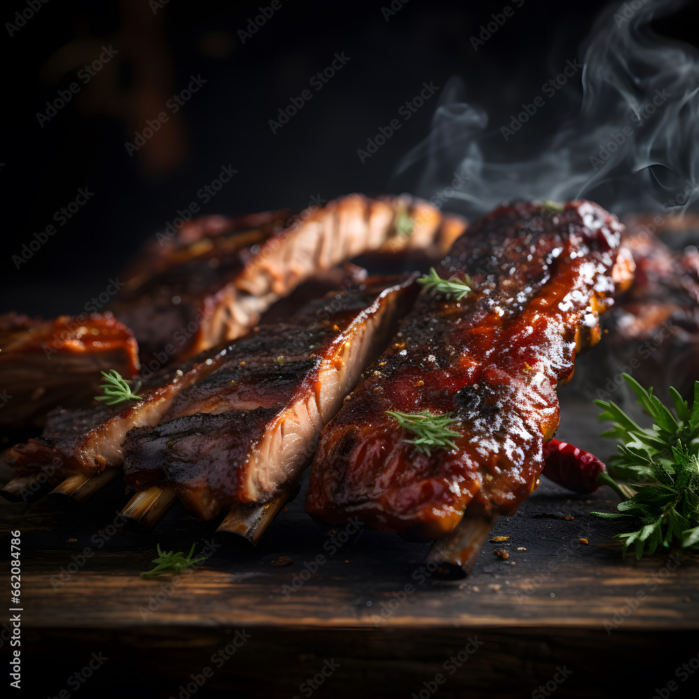 delicious ribs pork bbq with smoke, Barbecue grilled pork ribs served on wooden board. Traditional American cuisine dish