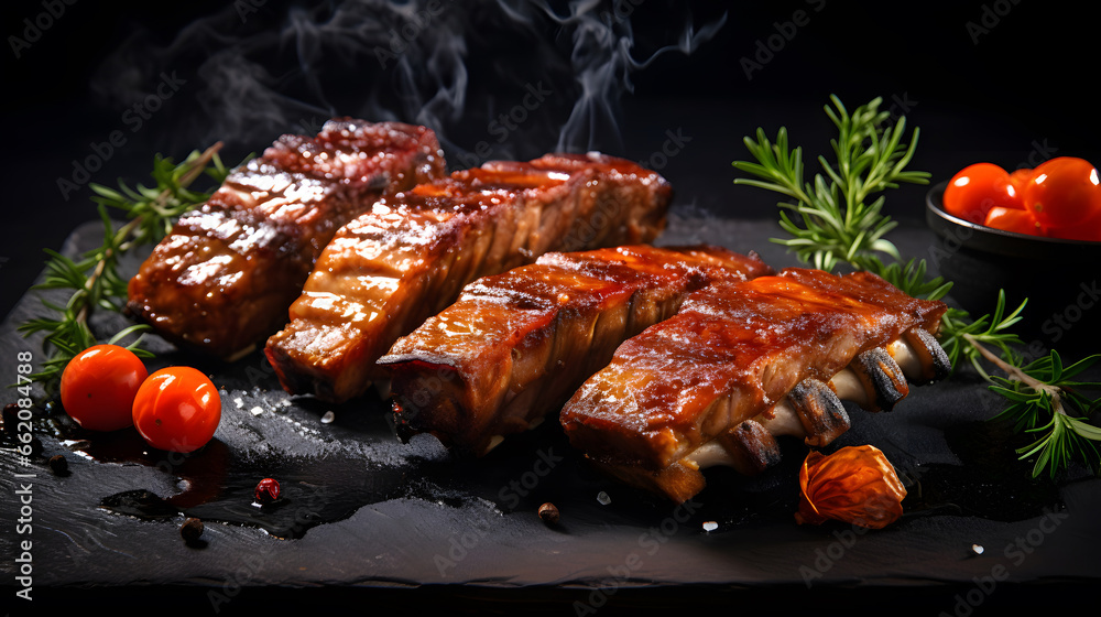 delicious ribs pork bbq with smoke, Barbecue grilled pork ribs served on wooden board. Traditional American cuisine dish