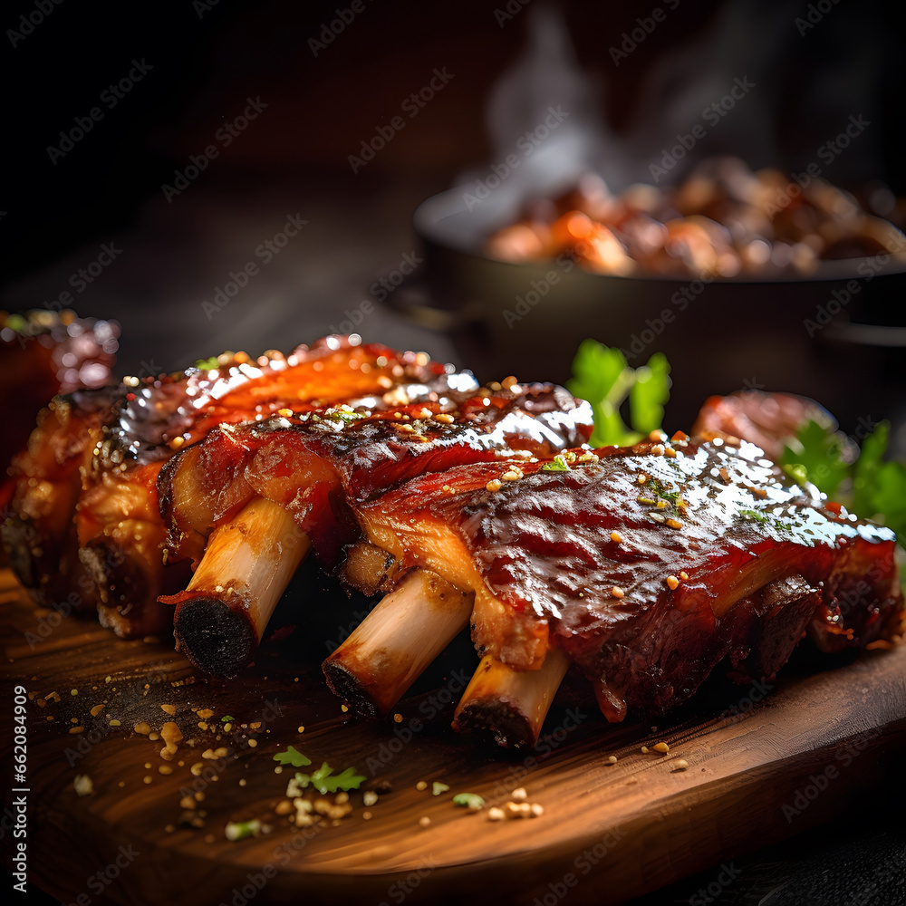 delicious ribs pork bbq with smoke, Barbecue grilled pork ribs served on wooden board. Traditional American cuisine dish