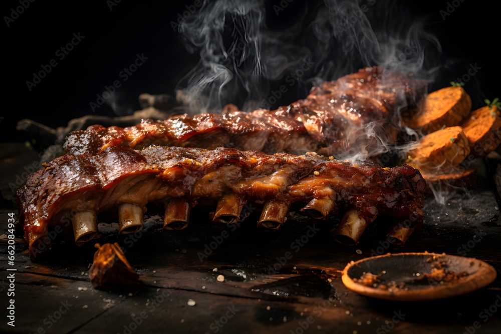 delicious ribs pork bbq with smoke, Barbecue grilled pork ribs served on wooden board. Traditional American cuisine dish