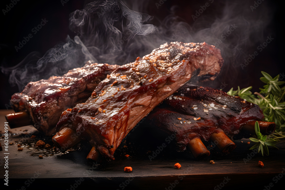 delicious ribs pork bbq with smoke, Barbecue grilled pork ribs served on wooden board. Traditional American cuisine dish