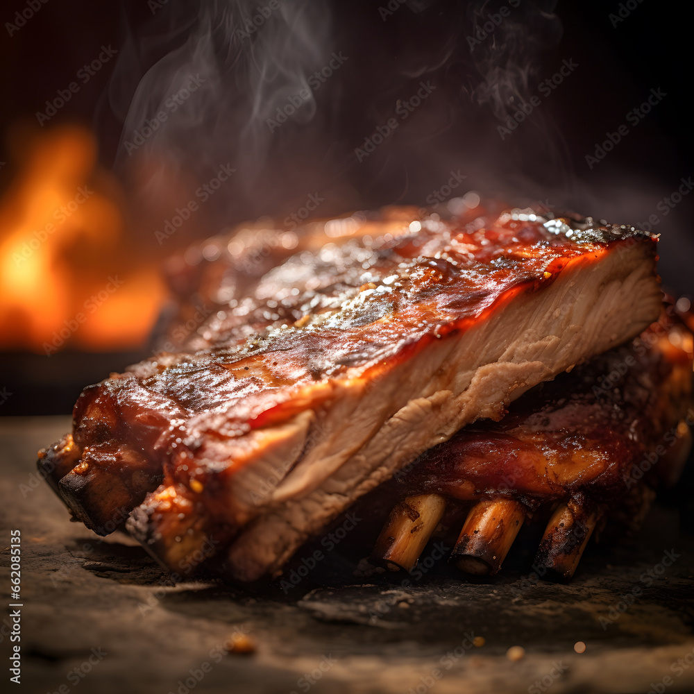 delicious ribs pork bbq with smoke, Barbecue grilled pork ribs served on wooden board. Traditional American cuisine dish