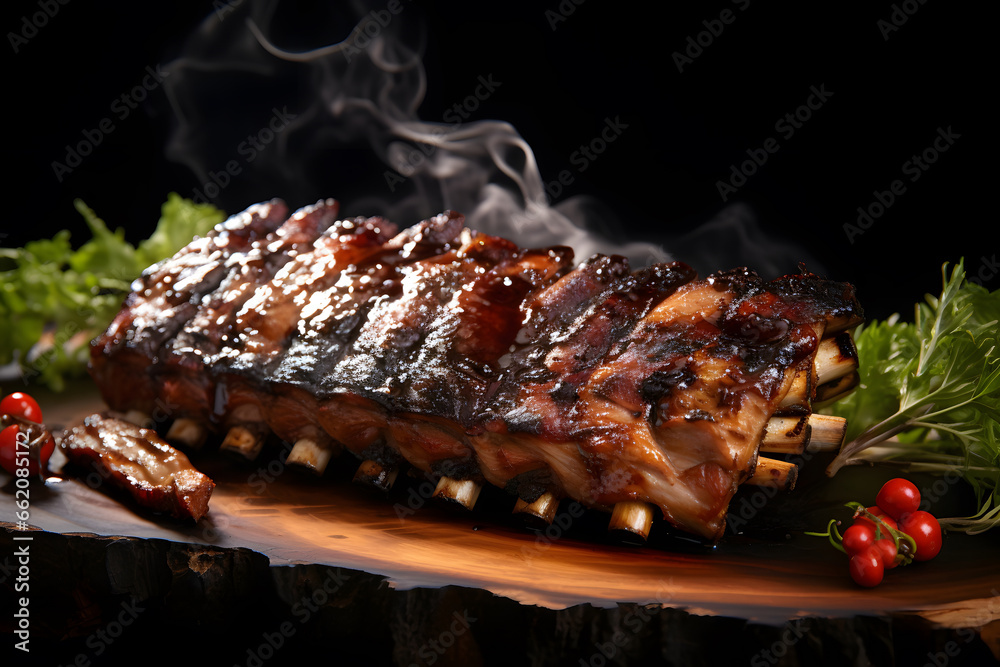 delicious ribs pork bbq with smoke, Barbecue grilled pork ribs served on wooden board. Traditional American cuisine dish