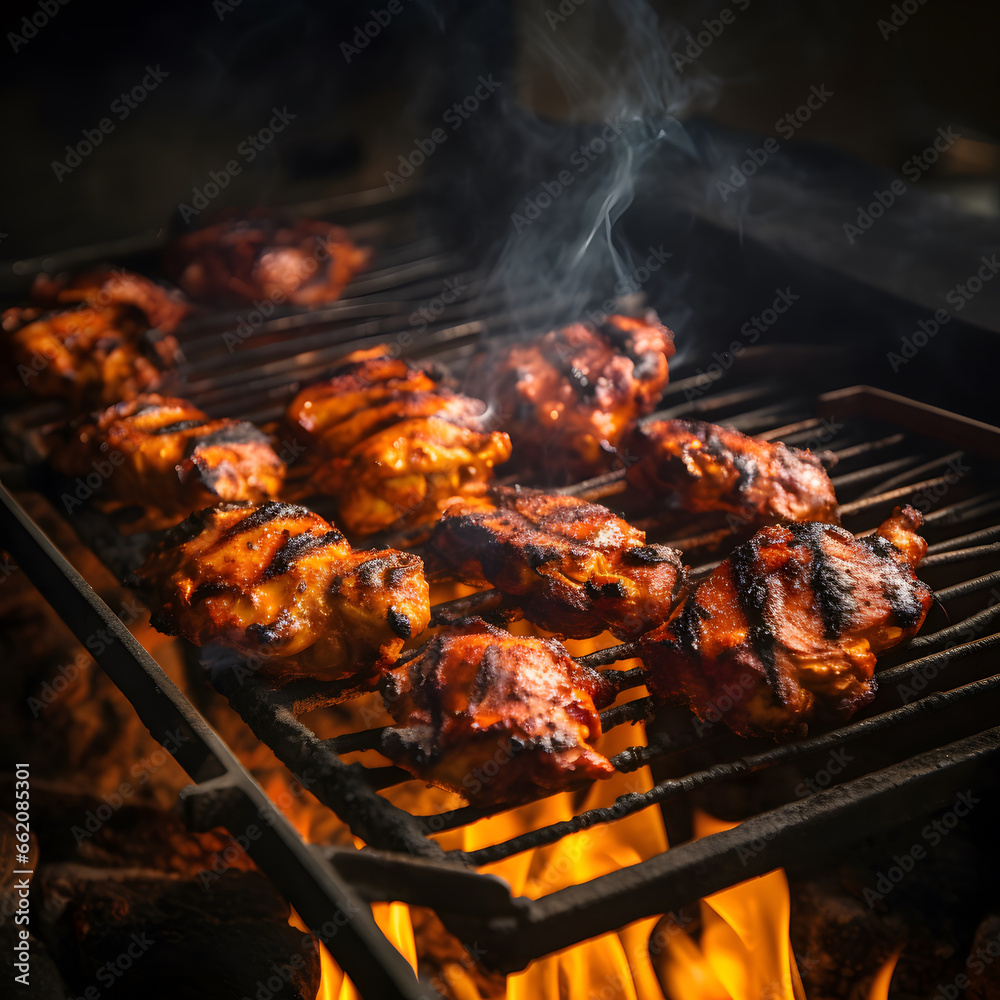 delicious ribs pork bbq with smoke, Barbecue grilled pork ribs served on wooden board. Traditional American cuisine dish