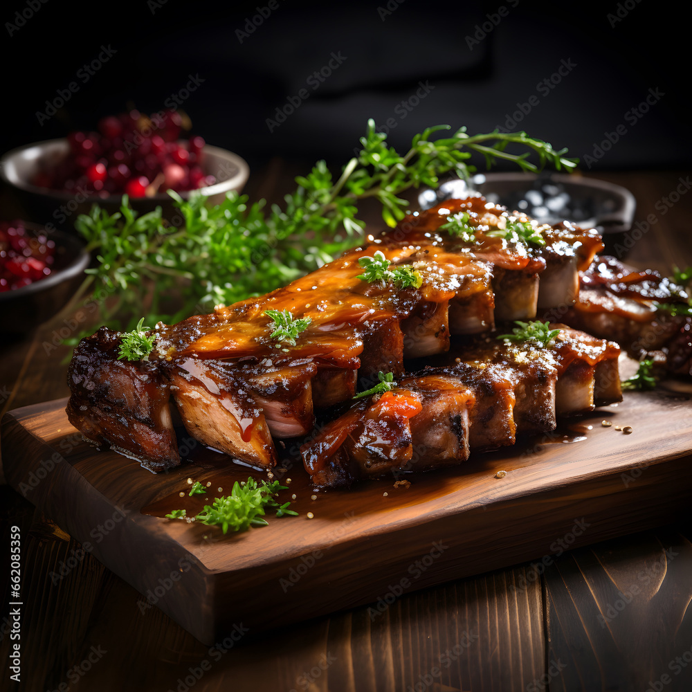 delicious ribs pork bbq with smoke, Barbecue grilled pork ribs served on wooden board. Traditional American cuisine dish