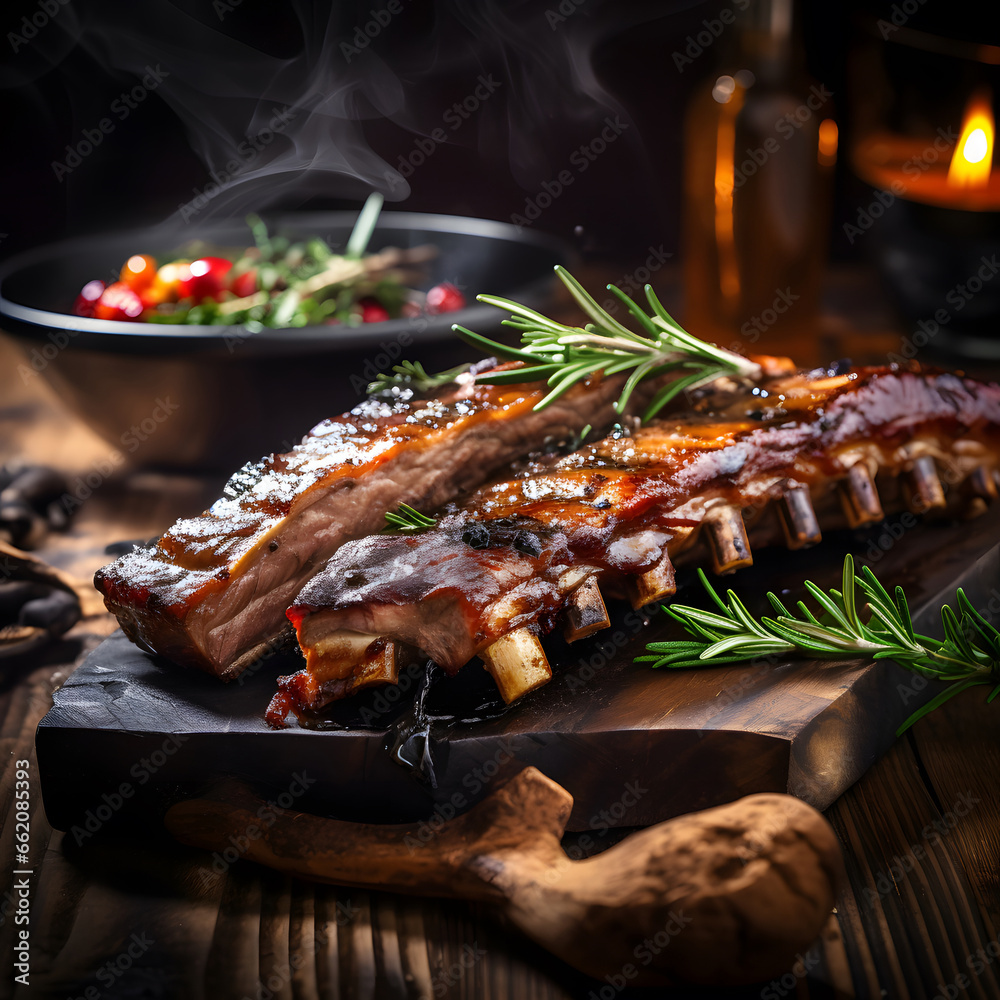 delicious ribs pork bbq with smoke, Barbecue grilled pork ribs served on wooden board. Traditional American cuisine dish