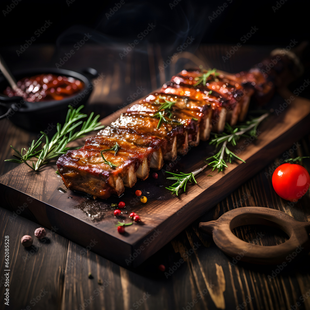 delicious ribs pork bbq with smoke, Barbecue grilled pork ribs served on wooden board. Traditional American cuisine dish