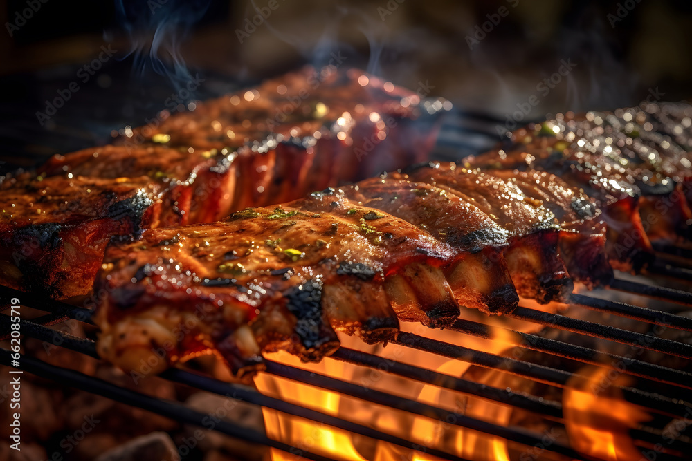 grilled pork ribs BBQ with smoke , barbecue ribs, pork ribs on a barbecue, beef, roasted meet, grilled on a barbecue, grill, 