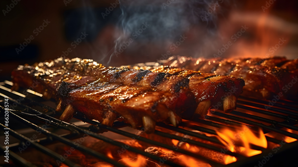 grilled pork ribs BBQ with smoke , barbecue ribs, pork ribs on a barbecue, beef, roasted meet, grilled on a barbecue, grill, 