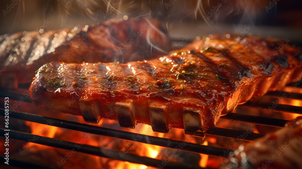 grilled pork ribs BBQ with smoke , barbecue ribs, pork ribs on a barbecue, beef, roasted meet, grilled on a barbecue, grill, 