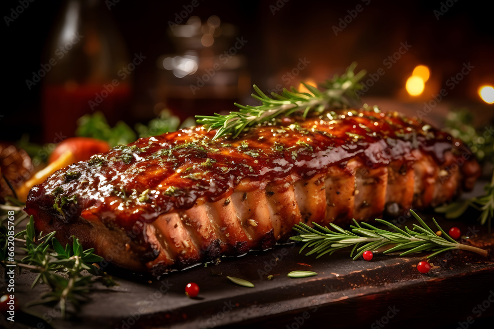 delicious ribs pork bbq with smoke, Barbecue grilled pork ribs served on wooden board. Traditional American cuisine dish