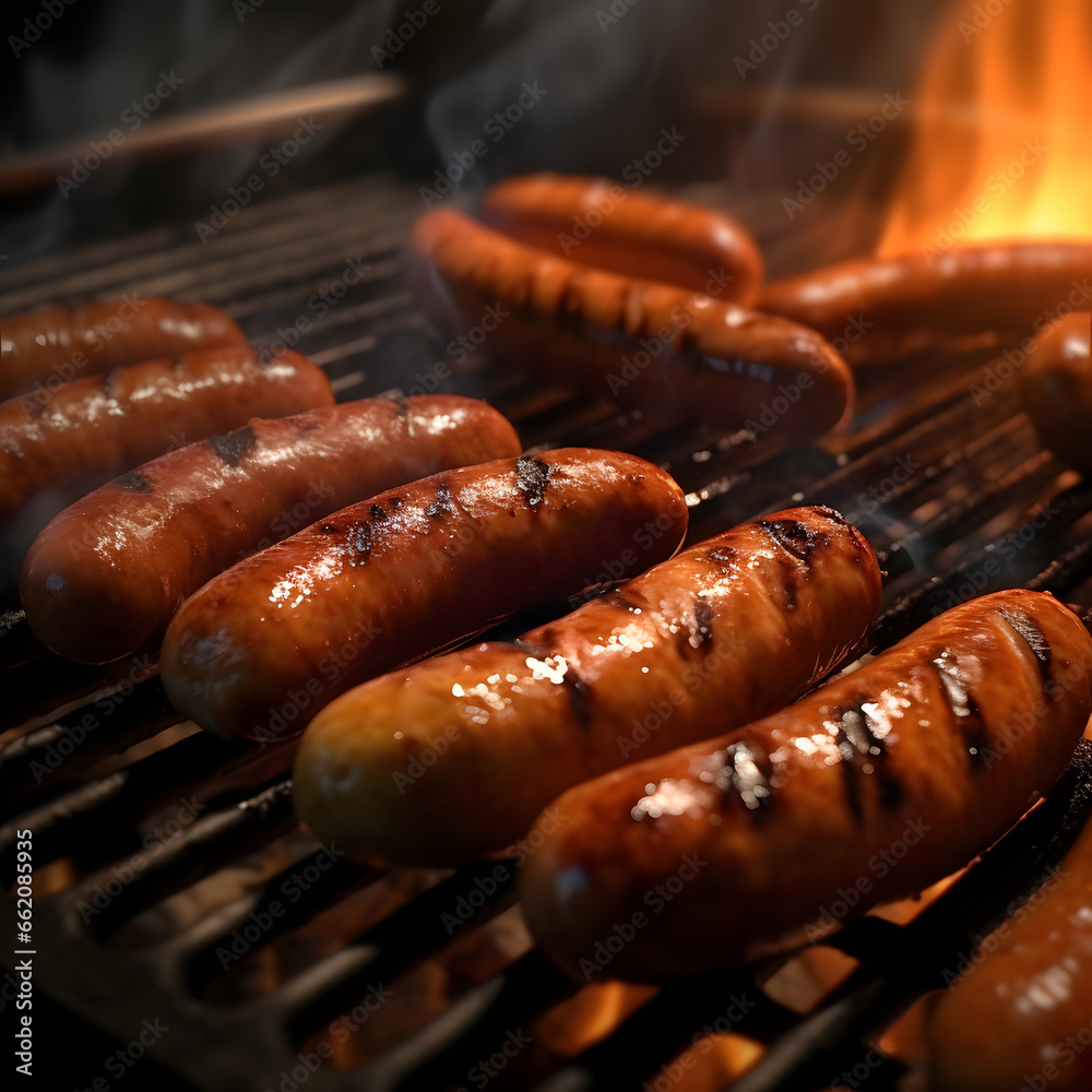 Grilled sausages. Sausages being cooked on the grill grate with fire