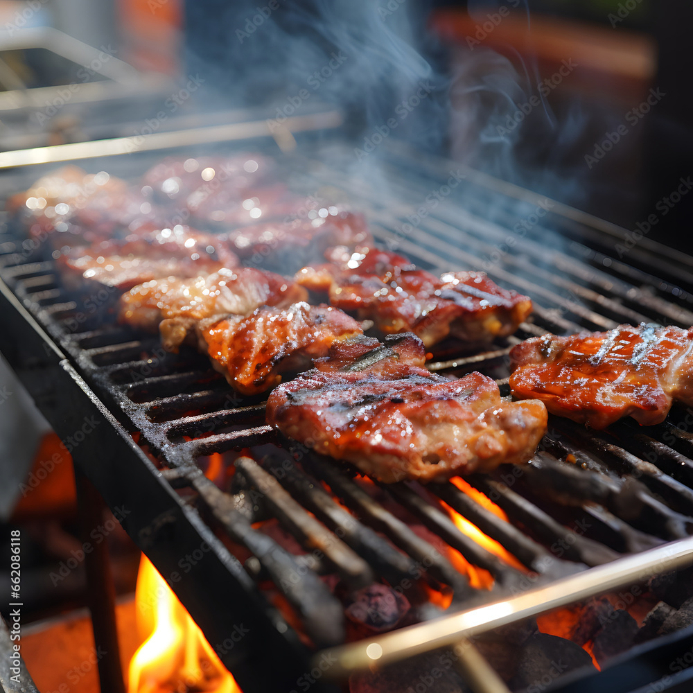 grilled pork ribs BBQ with smoke , barbecue ribs, pork ribs on a barbecue, beef, roasted meet, grilled on a barbecue, grill, 