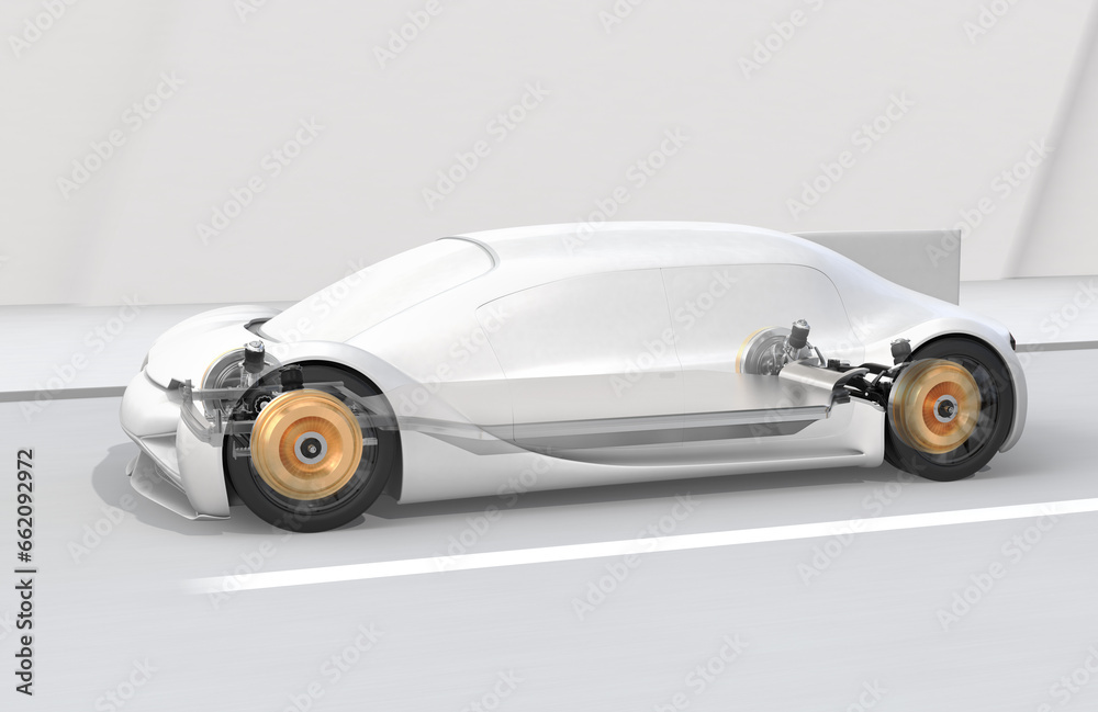 Technical drawing of Electric Car equipped with In-wheel motors in exploded view. Simple color theme. 3D rendering image.