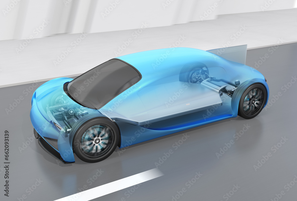 Technical drawing of Electric Car equipped with In-wheel motors driving on the road. Generic design. 3D rendering image.