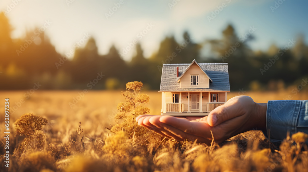 Small house in a human hand. New home, business, investment and real estate concept.