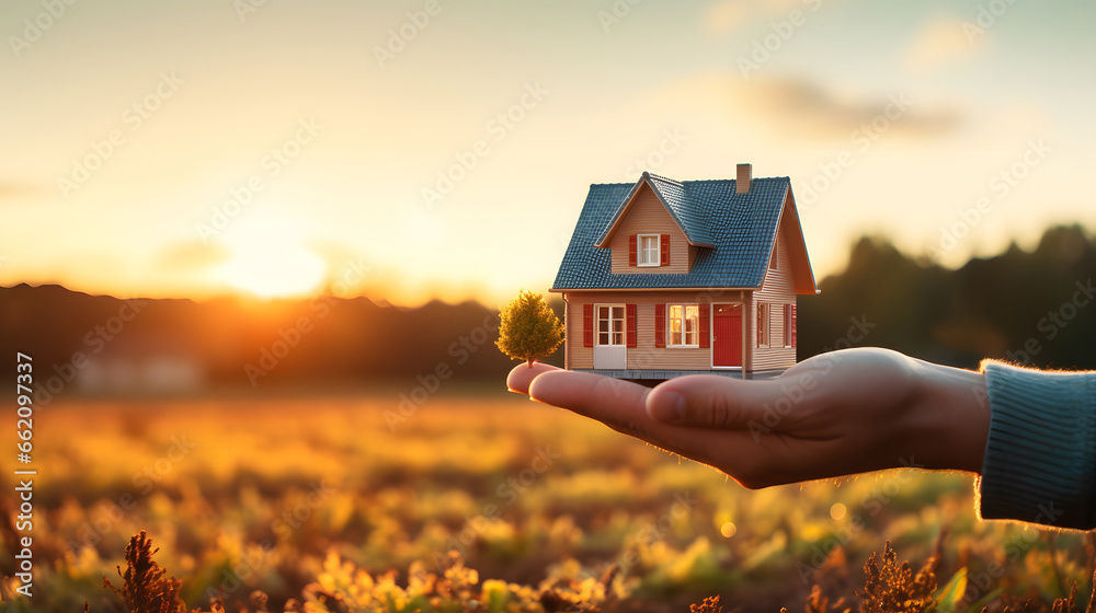 Small house in a human hand. New home, business, investment and real estate concept.