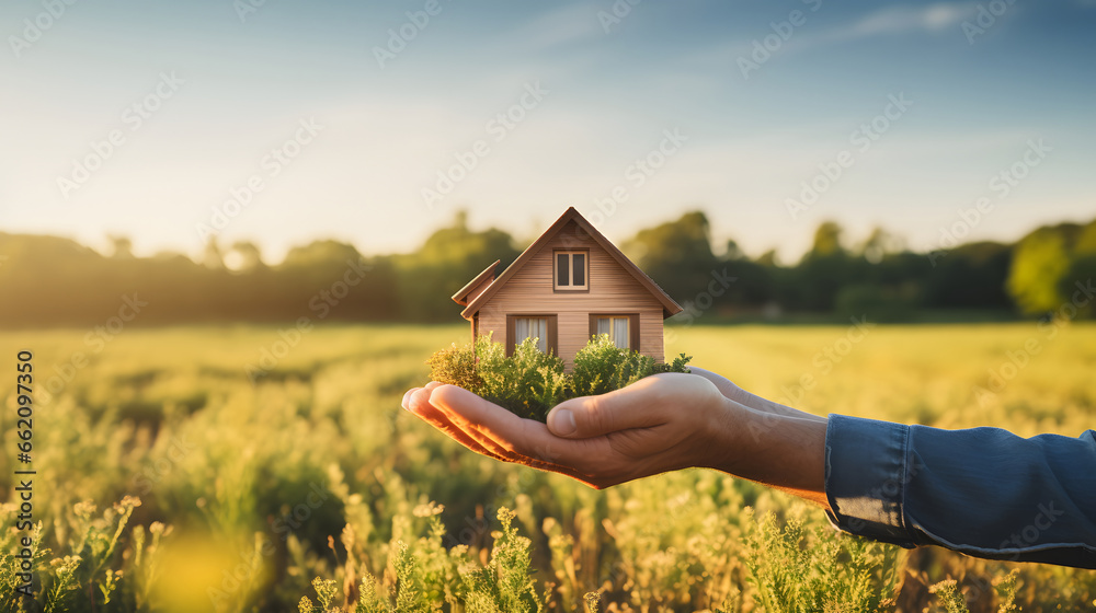 Small house in a human hand. New home, business, investment and real estate concept.