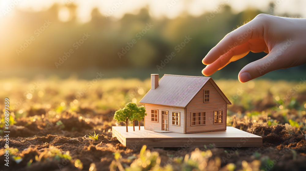 Small house in a human hand. New home, business, investment and real estate concept.